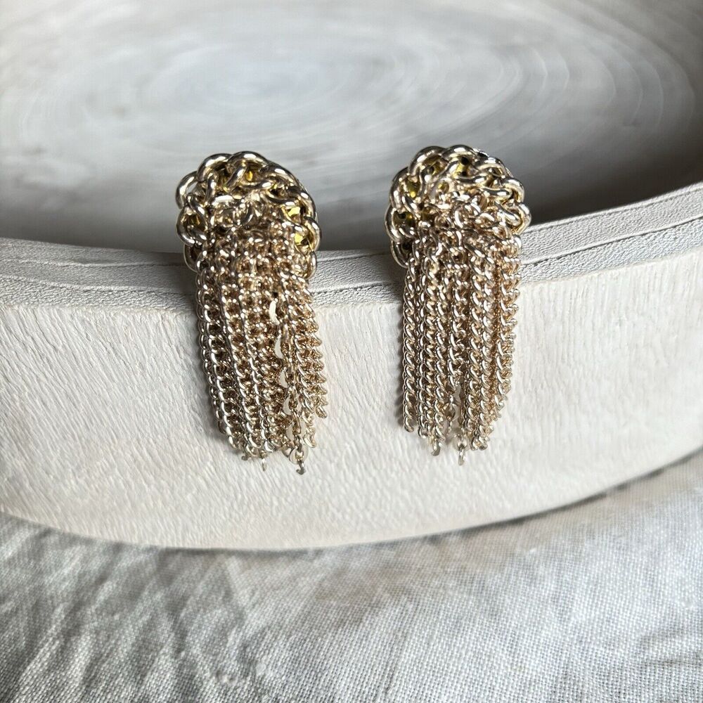 Vtg Gold Tassel Chain Clip On Dangle Earrings Japan Statement Night Out Dress Up
